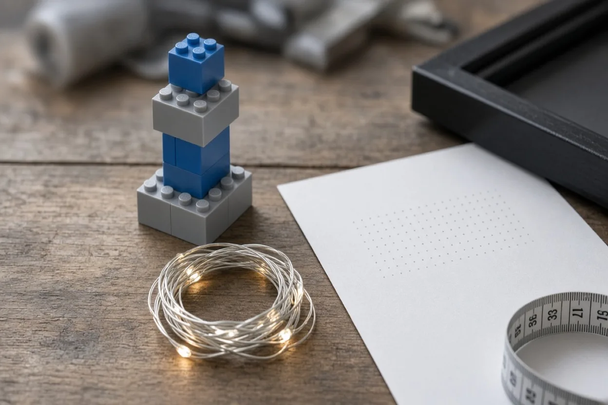 Editorial photograph of generic building bricks, a USB LED string, and a blank checklist on a wooden workbench